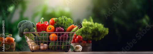 Supermarket shopping cart full of fresh vegetables and fruits, healthy organic food concept on blurred nature background with copy space. Eco friendly, vegan,vegetarian concept