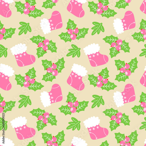 Wallpaper Mural Vector seamless pattern with Christmas socks, holly and berries Torontodigital.ca
