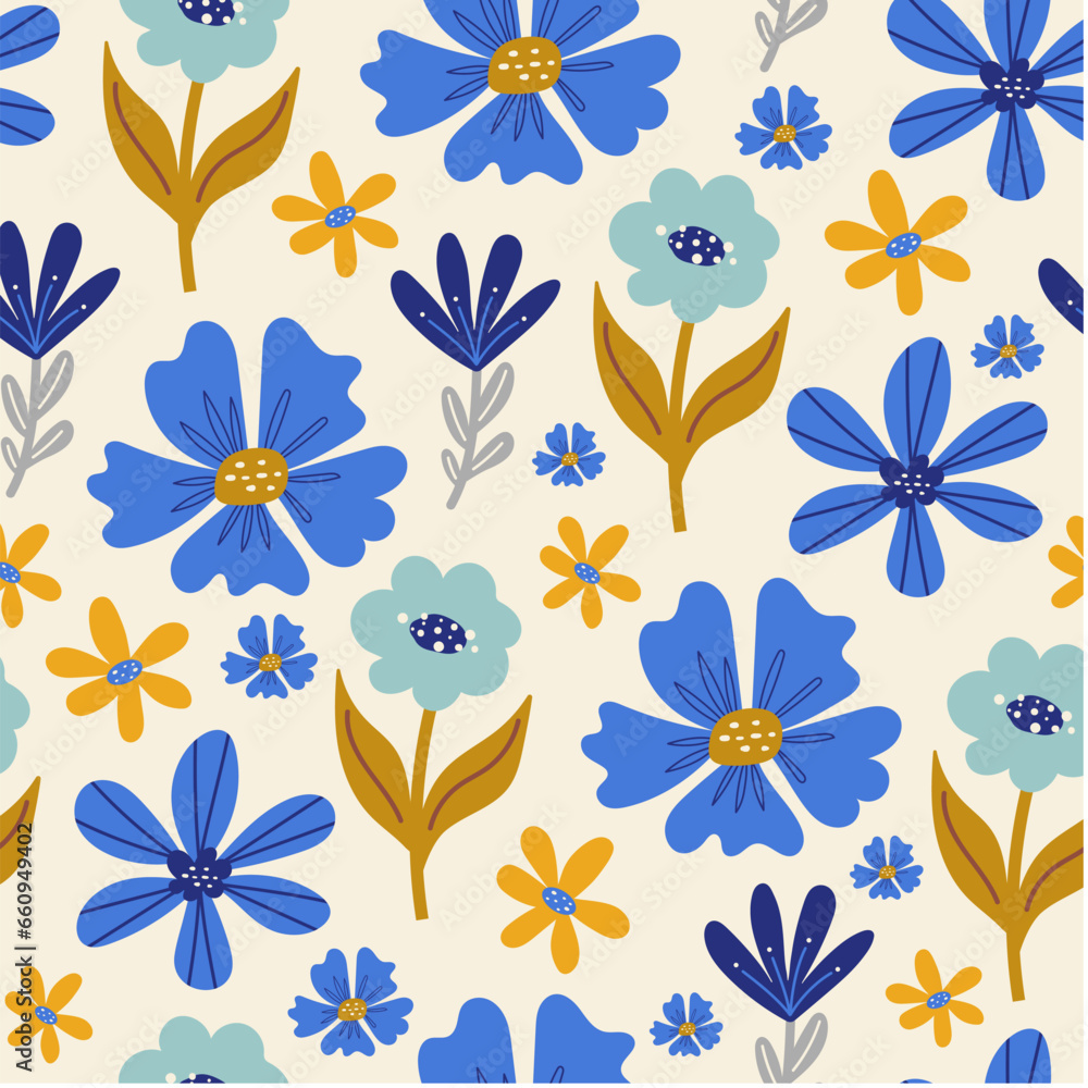 Fototapeta premium Abstract seamless pattern with bright plants and flowers on a beige background. Colorful stylish floral. Seamless pattern with colorful leaves and plants. Beautiful seamless vector floral pattern.
