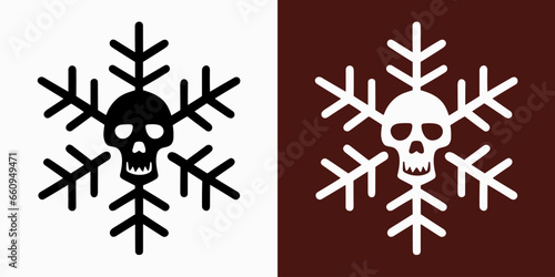 Skull snowflake illustration for gothic Christmas decorations. Creepy holiday season ornament black, white and red aesthetic. Minimalist vector for printable products.