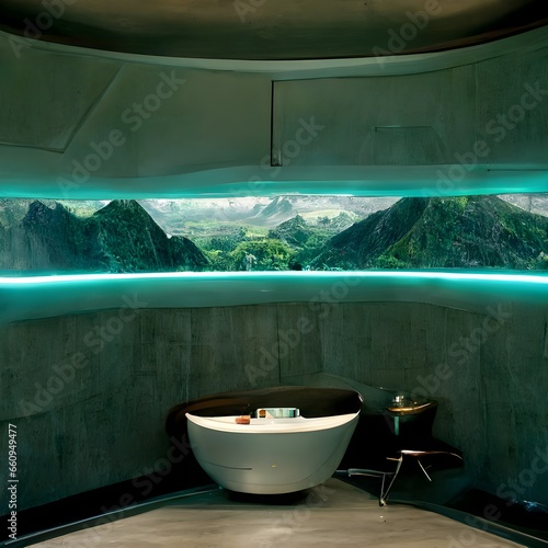 bathroom in a spaceship glam bathtub valley in the background futuristic style 