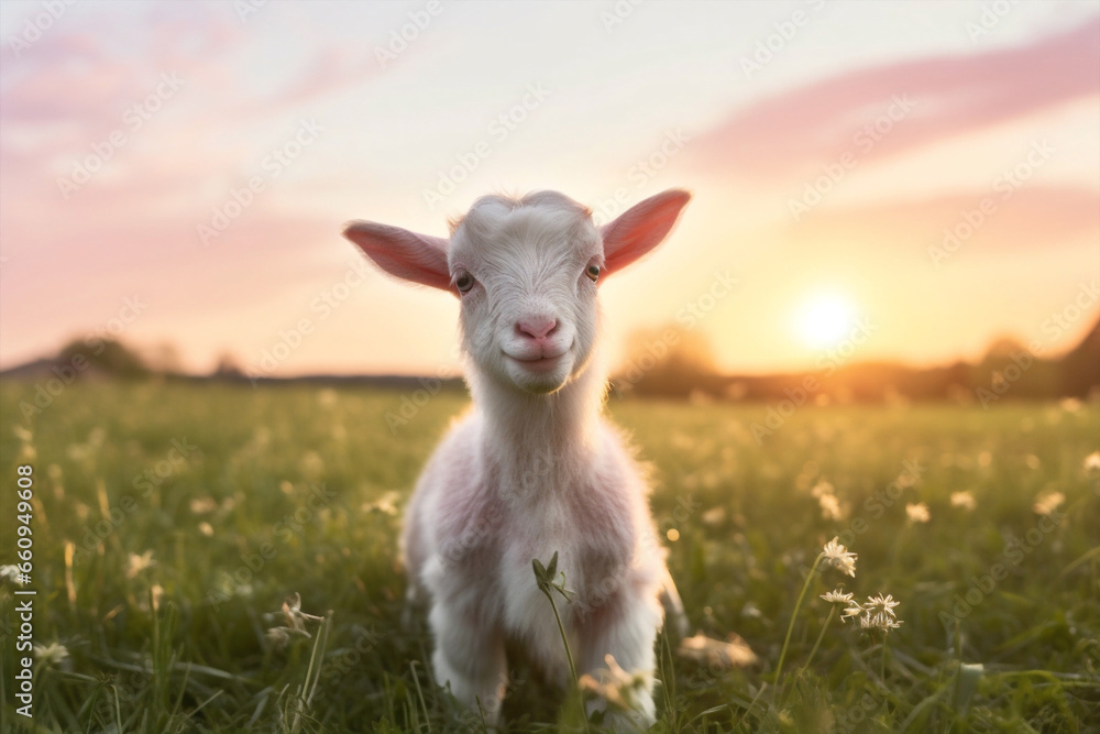 Obraz premium Grass rural goat farming sunset animals