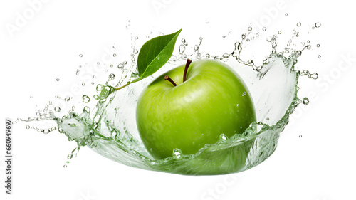 green apple with splash on clear PNG background