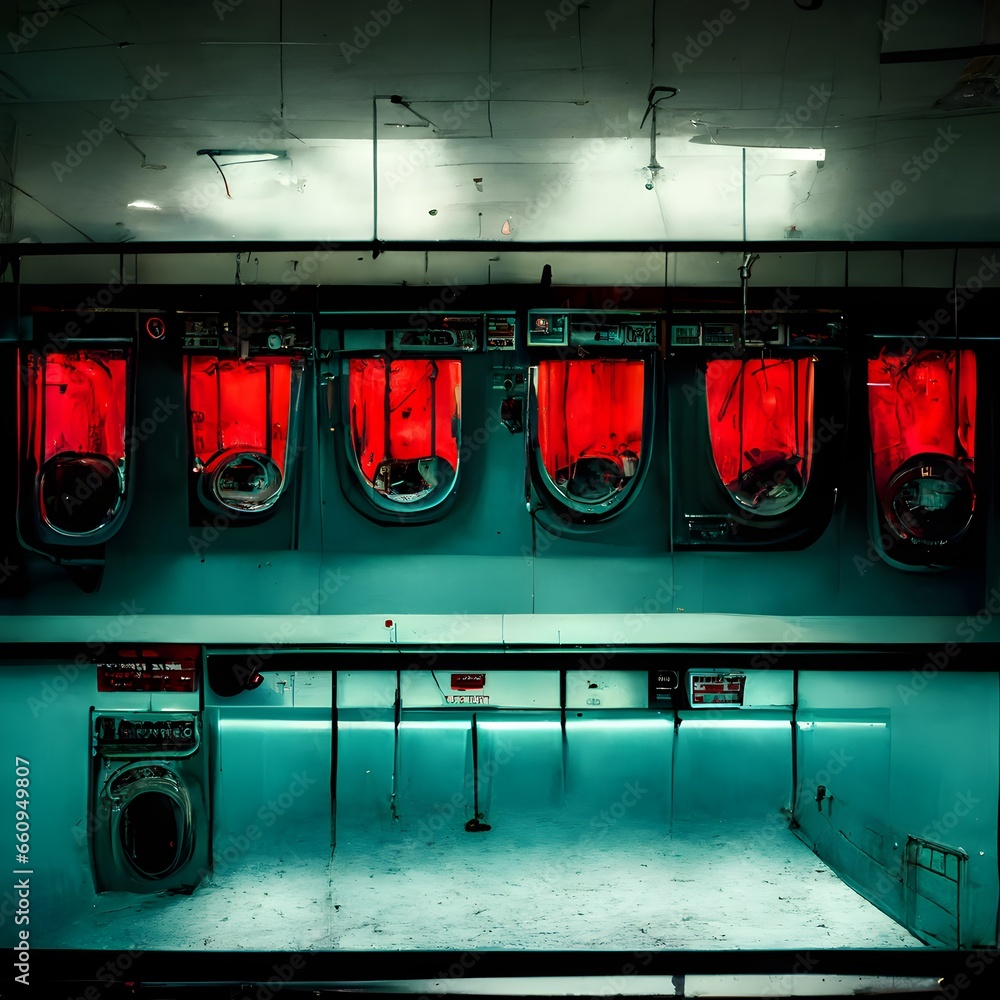 Huge laundromat inorganic monochromatic black and teal red lamps fluorescent lighting eerie unoccupied  - obrazy, fototapety, plakaty 