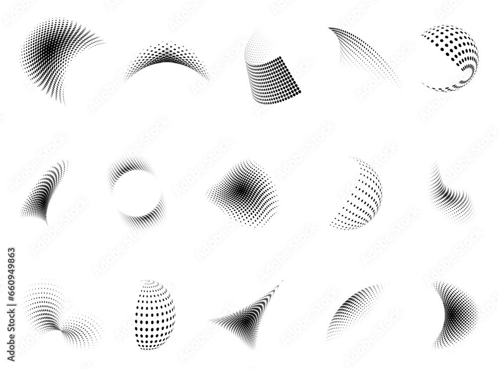 Abstract halftone elements in different shapes. Halftone texture decoration. Set of geometric halftone logo. Halftone icon background Abstract halftone elements in different shapes. Halftone texture decoration. Set of geometric halftone logo. Halftone icon background