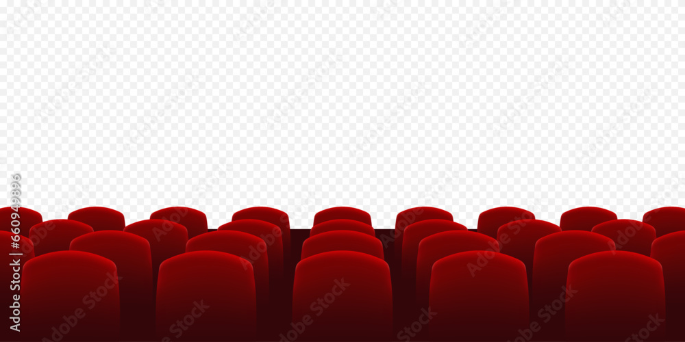 Cinema seats with empty screen. Rows of red cinema or theater seats. Empty movie theater auditorium with red seats - obrazy, fototapety, plakaty 