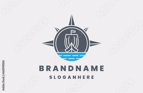 compass with sailing boat vector logo design template