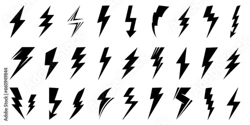 Lightning icons. Set of bolt icons. Charging  energy  storm  power  shock symbols. Black lightning icon collection