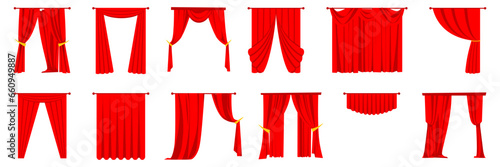 Red curtains element in a flat design. Set of of luxury red silk curtains. Theater fabric silk decoration for movie cinema