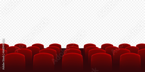 Cinema seats with empty screen. Rows of red cinema or theater seats. Empty movie theater auditorium with red seats