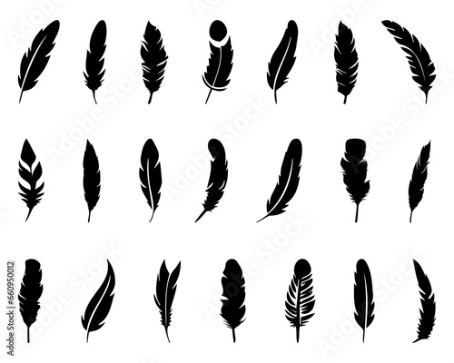 Abstract black bird feather icons. Feather silhouette collection. Elegance feather element decoration. Feather icons