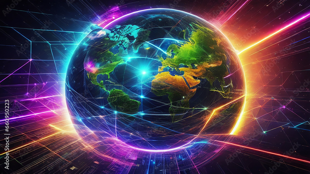 Fototapeta premium Metaverse digital world cyber space background, neon colorful global world in cyber space, future energy power technology and internet connection concept