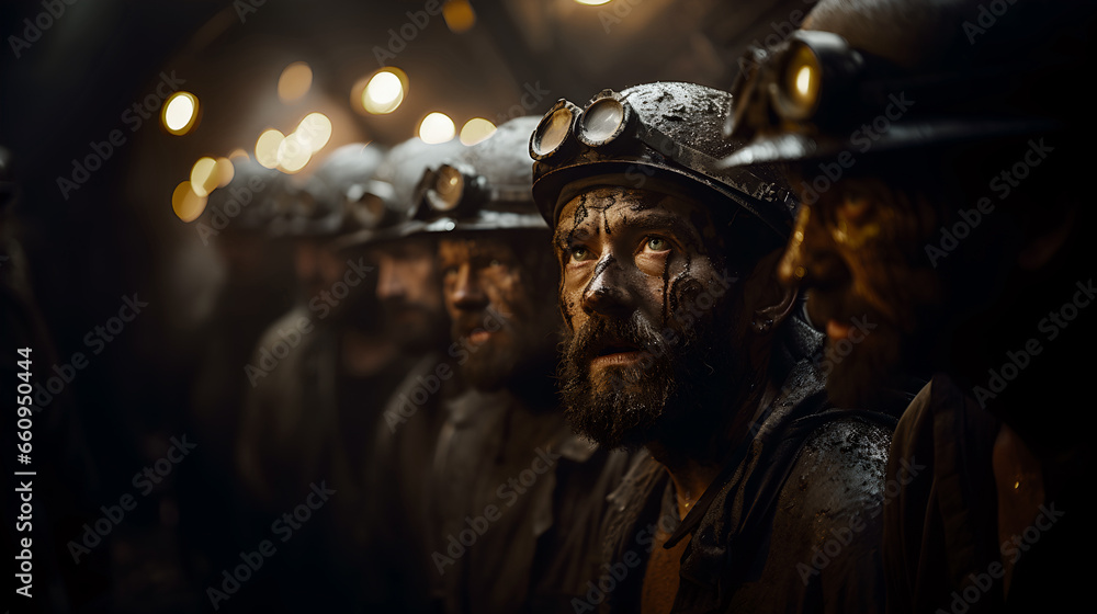 Hard working miners, dirty and sweaty from their grueling day's work, stand together in the dimly lit tunnel, their expressions serious and reflective of the challenges faced deep underground