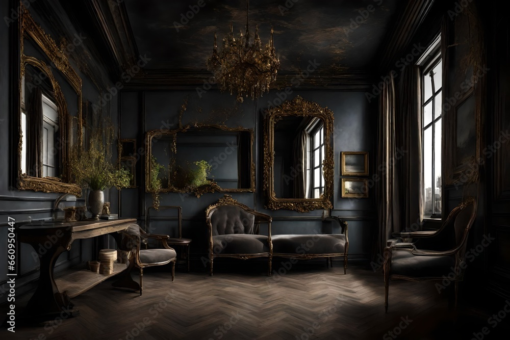 room filled with side table mirror black background room filled with side table mirror black background
