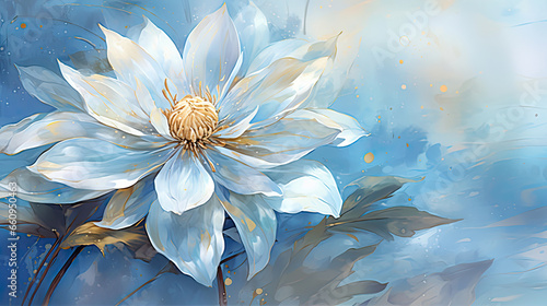 a painting of a white flower on a blue background. Watercolor Painting of a Snow color flower, Perfect for Wall Art.