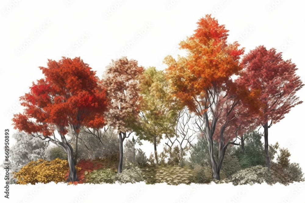 Various trees with colorful leaves and foliage on top, surrounded by a white border. Generative AI