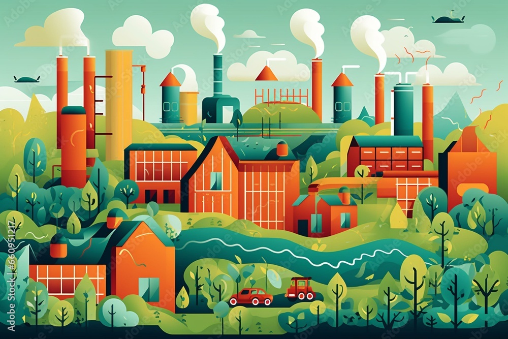 Illustration depicting environmentally friendly production methods with a factory, building, and nature. Generative AI