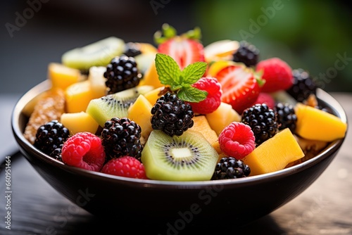 Healthy fruit salad with fresh berries  mango and kiwi.