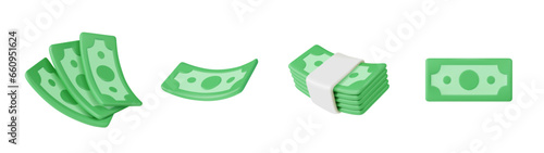3D money icons in cartoon style. Set of vector illustrations of dollar banknotes 
