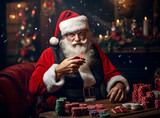 Old funny Santa, playing cards, jackpot winner, casino chips, Gambling roulette, Banner size, Claus wears costume, gambling slots machine, Website header, online money games, Christmas Casino. santa