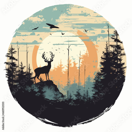 nature ecosystem silhouette distressed retro min. Created using Generative AI Technology