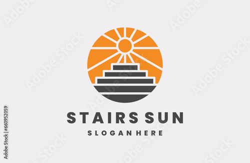 Stairs logo vector design with sun icon symbol illustration design