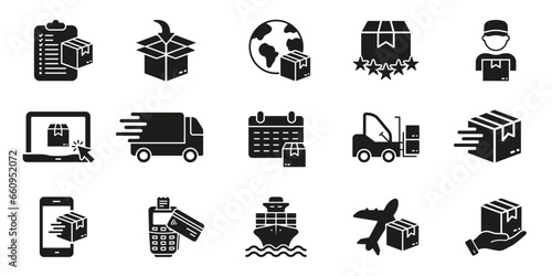 Distribution and Logistic Silhouette Icon Set. Cargo Fast Delivery Glyph Pictogram. Parcel Package, Express Transportation Solid Sign. Online Shopping Symbol Collection. Isolated Vector Illustration