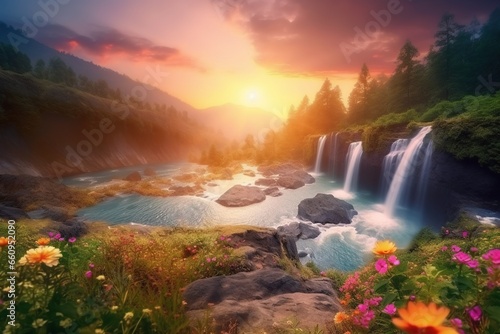 Beautiful nature lovely travel countryside place with a waterfall from the mountain  sunset  flowing river  green scenery moss  forest tree  and colorful flowers. Peaceful nature landscape wallpaper.