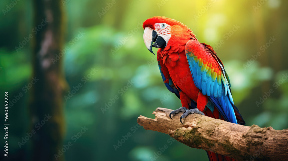Red parrot Scarlet Macaw, Ara macao, bird sitting on the branch, Colombia. Beautiful parrot on green tree in nature habitat.