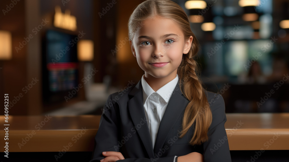 Little girl portrays a businesswoman in a suit in the background of her office. Concept of children in adult professions.