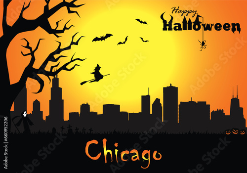 Scary Halloween greeting card with panorama of Chicago at sunset