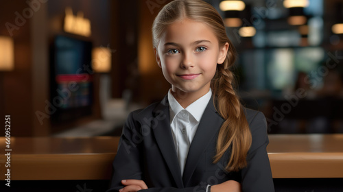 Little girl portrays a businesswoman in a suit in the background of her office. Concept of children in adult professions.
