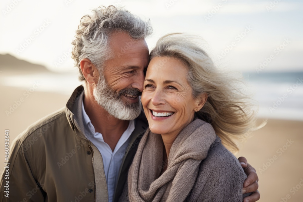 Joyful middle aged couple of man and woman hugging on the beach