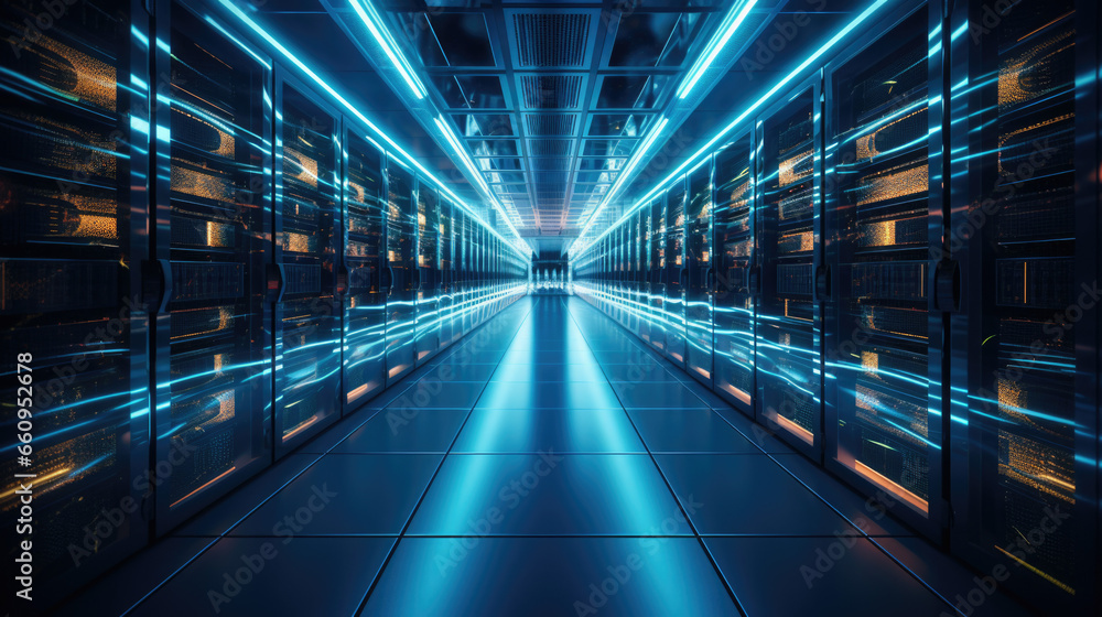 Stand with server hardware and lighting in the server room motion blur