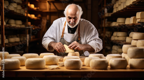 Cheesemaker is controlling the seasoning lots of wheels of parmesan cheese are maturing by ancient Italian tradition for many months on shelves of a storehouse in a cheese factory.