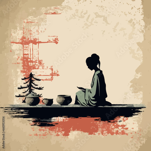food tea ceremony silhouette distressed retro mi. Created using Generative AI Technology