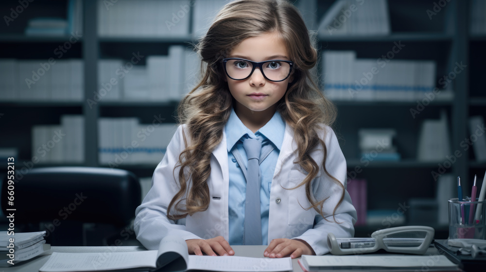 A little girl in a white coat plays doctor. The concept of a child in an adult profession. A little girl in a white coat plays doctor. The concept of a child in an adult profession.