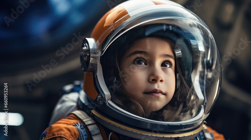 Portrait of a child girl in an astronaut costume