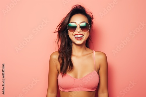 Potrait cheerful young lady with long hair in bikini  generative ai © Gilang