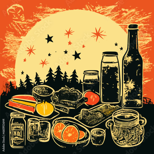 food picnic spread silhouette distressed retro m. Created using Generative AI Technology