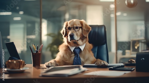 Family dog is working in office. Pet in corporate business environment. Dressed in suit and tie working with paperwork. Funny humor as animal sits behind boss desk. Pet friendly office.