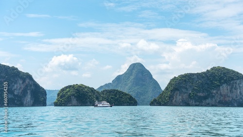 Scenic view of the sea and island mountains in Phang Nga Bay, Phuket, Thailand. © Wirestock