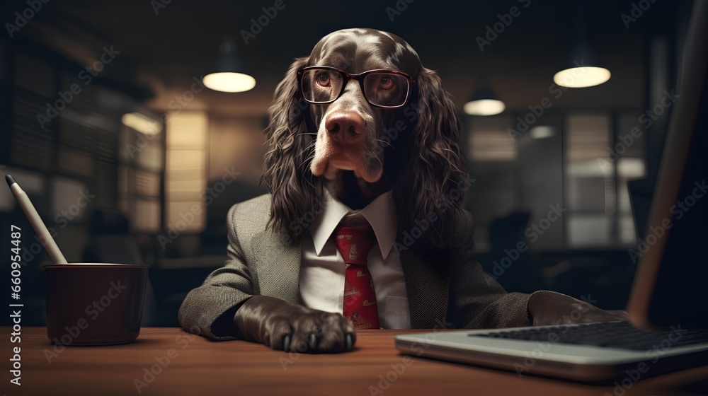 Family dog is working in office. Pet in corporate business environment. Dressed in suit and tie working with paperwork. Funny humor as animal sits behind boss desk. Pet friendly office. - obrazy, fototapety, plakaty 