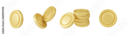 3D money icons in cartoon style. Set of vector color illustrations of gold coins