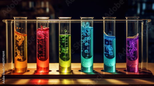 Group of test tubes with a colored reagents in a rack