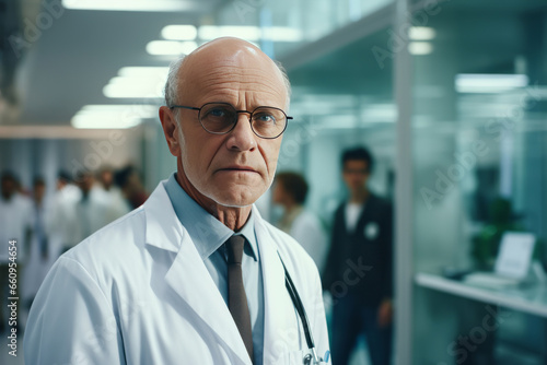 portrait of a male doctor against the background of a hospital. a 45-55 year old doctor in a robe looks into the camera.