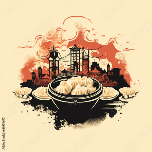 food dim sum feast silhouette distressed retro m. Created using Generative AI Technology