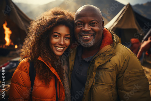 African-American couple in the mountains against the backdrop of a tent camp, an international couple is engaged in a mountain hike, tourism and vacation concept © Georgii