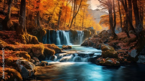 Colorful autumn, waterfall. Autumn colors in beautiful nature. Forest view in fall season