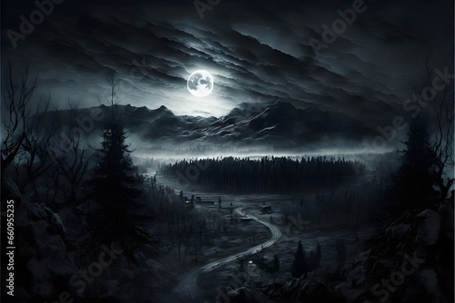 scary gray land dark gray forest dark lands realistic dark gray atmosphere at very dark night panoramic aerial view 